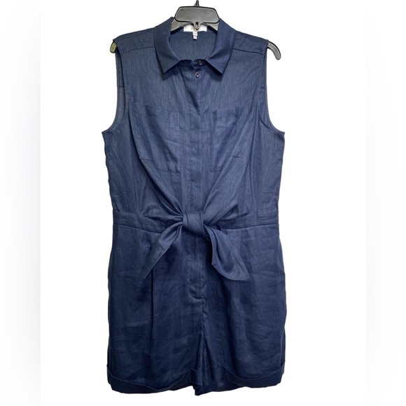 Reiss Ema Navy Sleeveless Linen Tie Front Playsuit Sz 10 - Picture 2 of 9